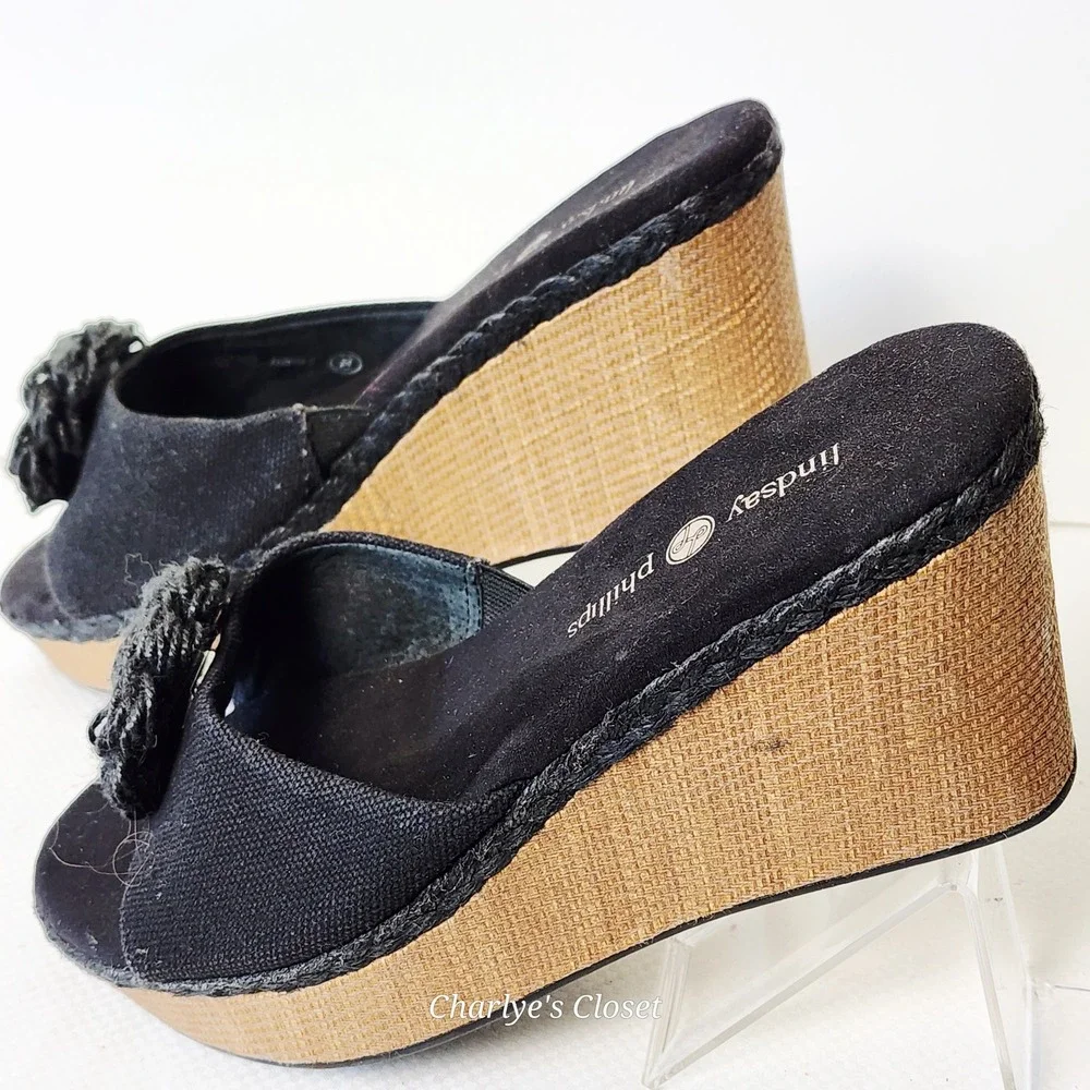 Lindsay Phillips Rosette Snap Jewel Wedge Sandals 8‎ NWOB Raffia HWGL2